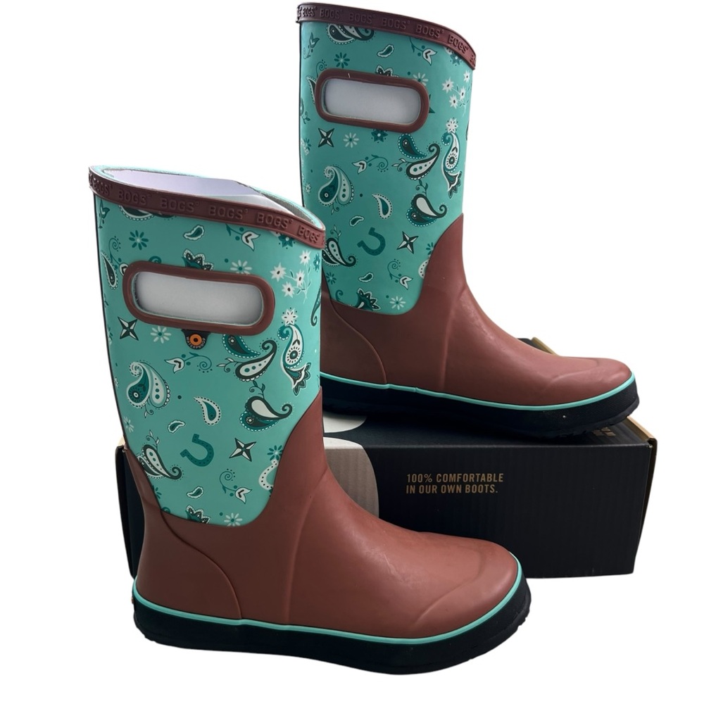 Bogs NIB Turqouise Paisley Western Rainboots Size 5,6